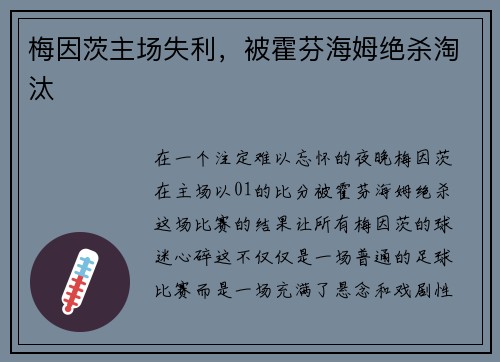 梅因茨主场失利，被霍芬海姆绝杀淘汰